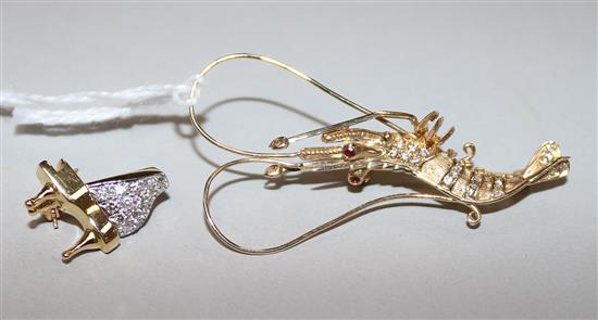A 14ct yellow gold and diamond lobster brooch and an 18ct yellow gold and diamond piano brooch